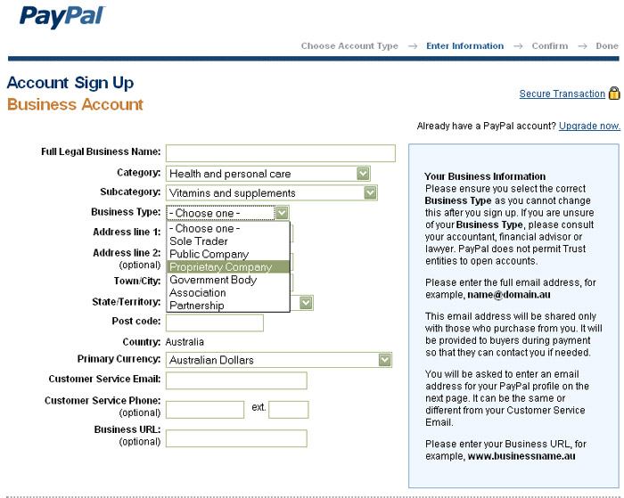 Selecting a PayPal business account