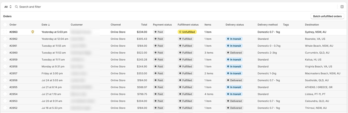 Shopify Orders Page